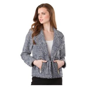 MICHAEL KORS Open-Front Frayed Trim Tweed Jacket grey size 12P suit separate
